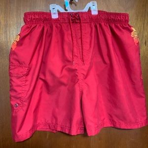 Men’s 2X red/orange/yellow Sand in Sun brand swim trunks.